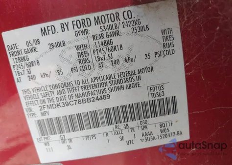 2008 Ford Edge Limited from USA, damaged, VIN 2FMDK39C78BB24489